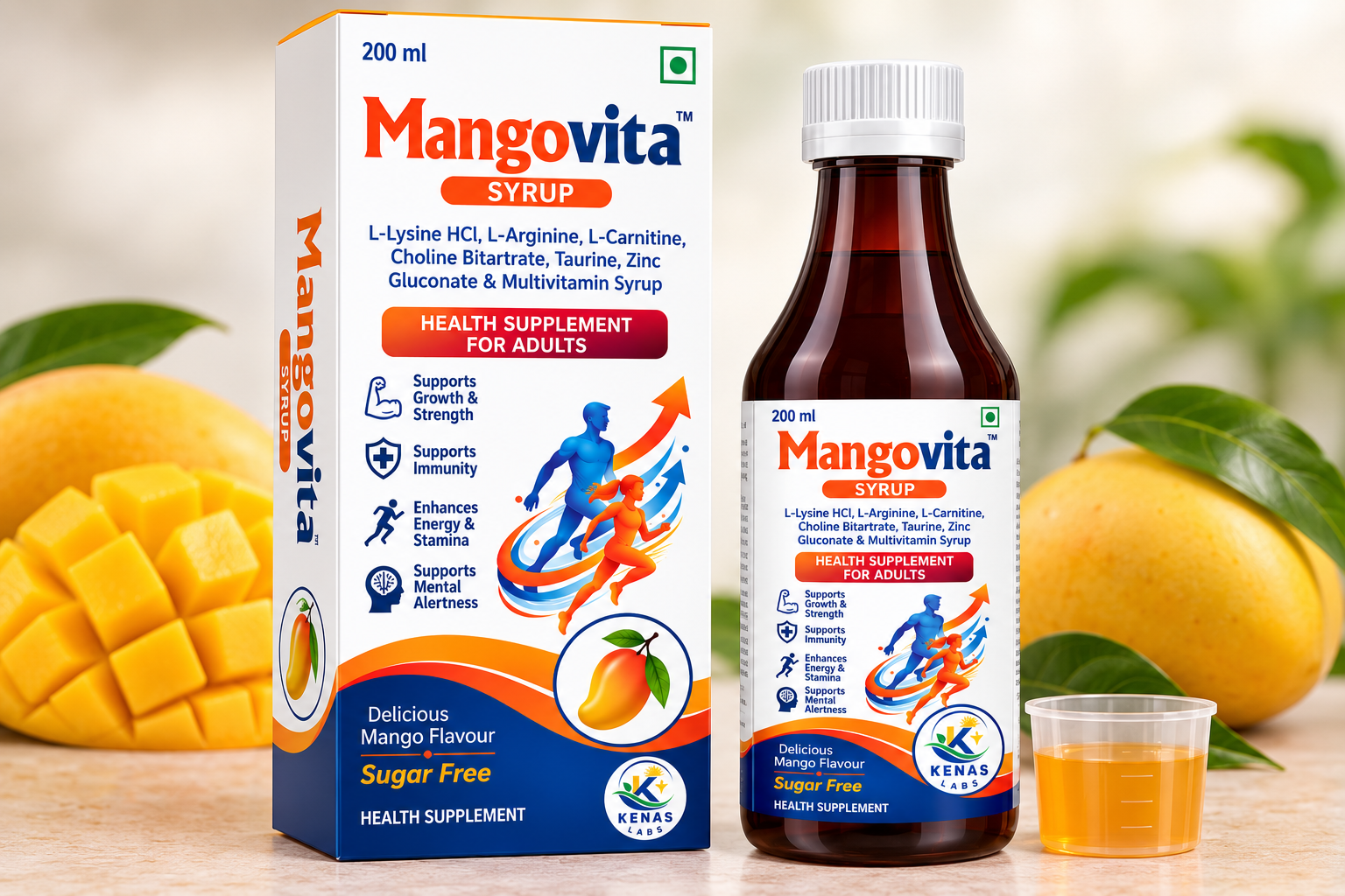 Mangovita Adults 200ml Syrup and Packaging